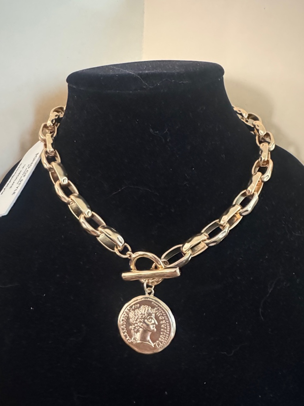 SONG OF STYLE Frosted Gold Tone Reversible Coin Pendant Toggle Necklace 18” NWT